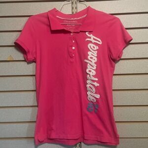 Aeropostale Womens XL Pink Short Sleeve Graphic Logo Polo Shirt Y2K 87 Slim Fit